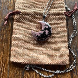 Brand New Rhodonite Moon Necklace Rhodonite Necklace Crystal Moon Necklace